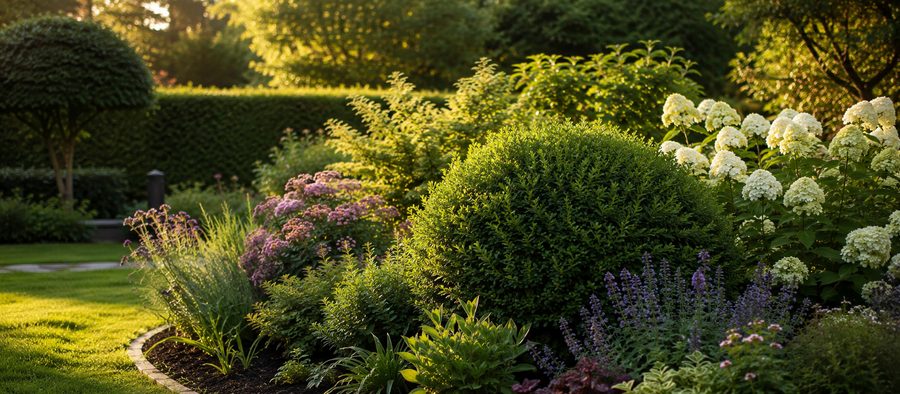 Gepflegtes Blumenbeet im Abendlicht